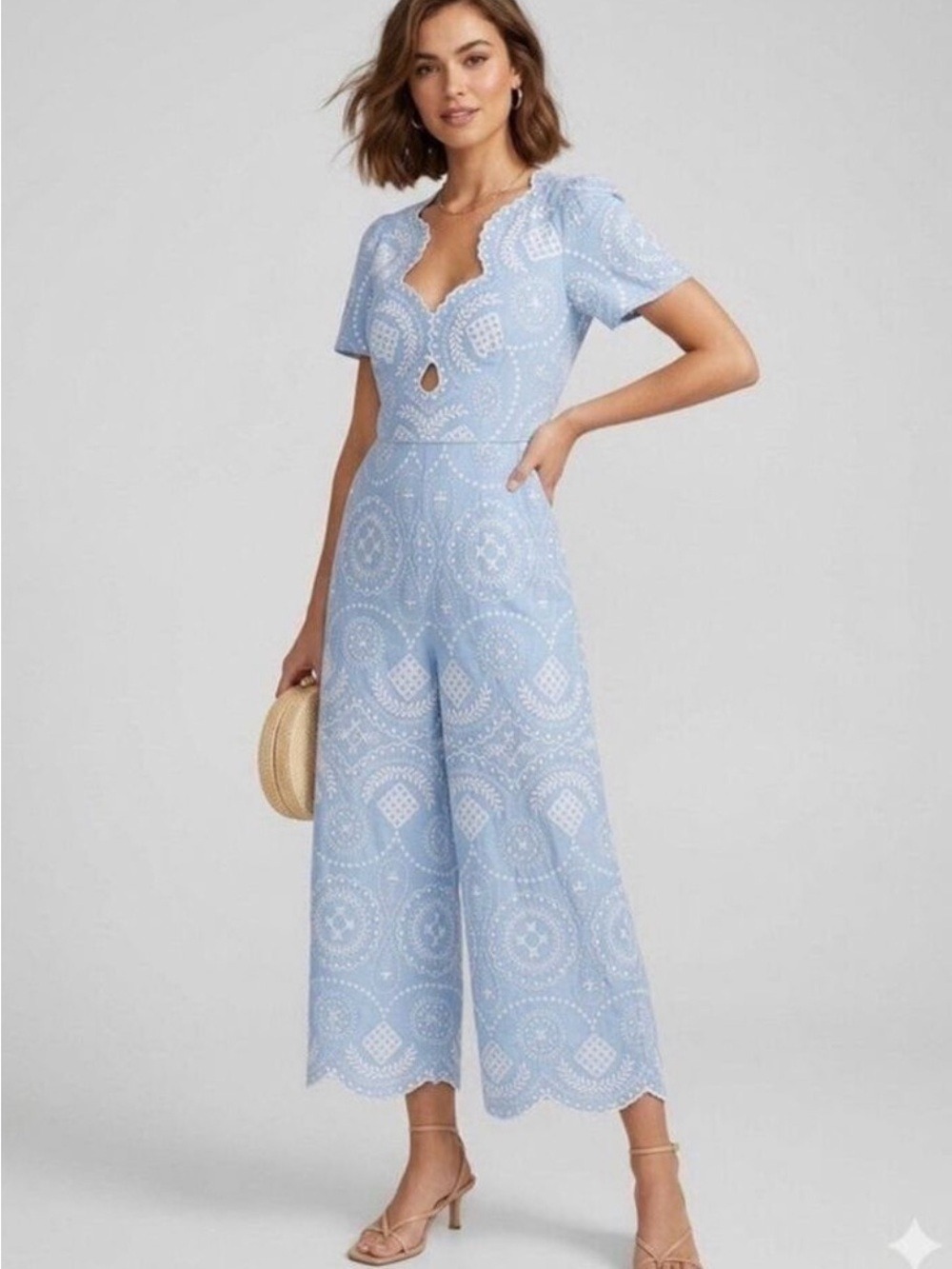 Alice McCall Crave You Eyelet Lace Jumpsuit Sz 2 Blue Embroidery Designer Luxury